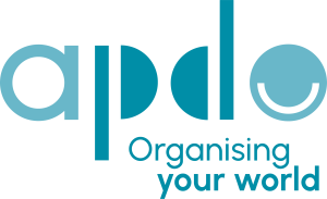 APDO logo made up of lower case letters A P D O with strapline "Organising your world"